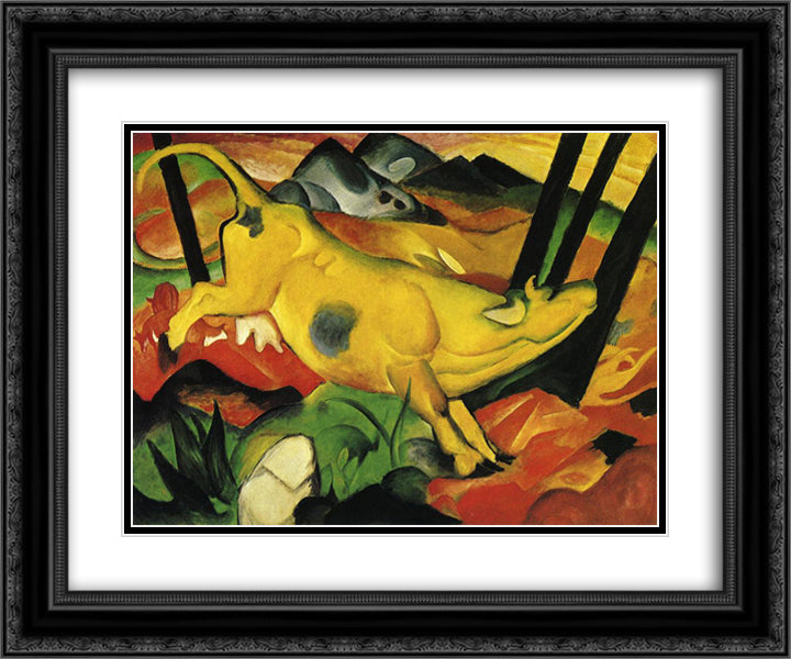 The Yellow Cow 24x20 Black Ornate Wood Framed Art Print Poster with Double Matting by Marc, Franz