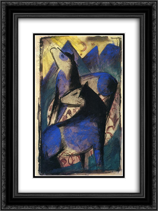 Two Blue Horses 18x24 Black Ornate Wood Framed Art Print Poster with Double Matting by Marc, Franz