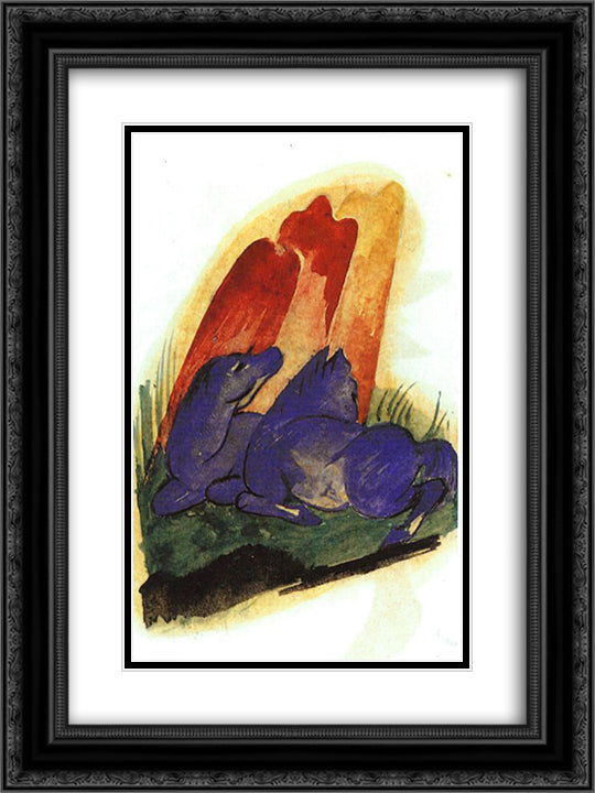 Two Blue Horses in front of a Red Roc 18x24 Black Ornate Wood Framed Art Print Poster with Double Matting by Marc, Franz