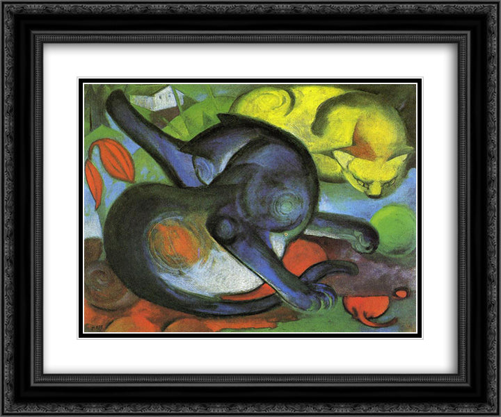 Two Cats, Blue and Yellow 24x20 Black Ornate Wood Framed Art Print Poster with Double Matting by Marc, Franz