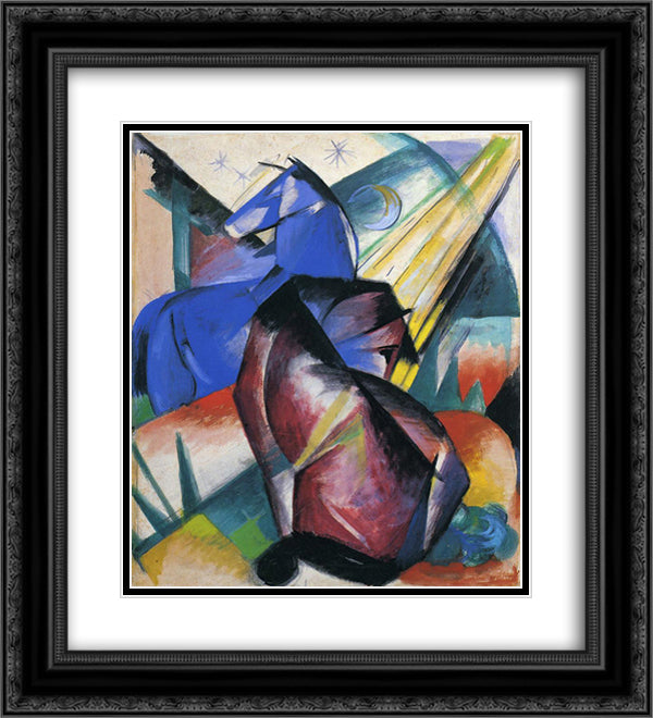 Two Horses, Red and Blue 20x22 Black Ornate Wood Framed Art Print Poster with Double Matting by Marc, Franz