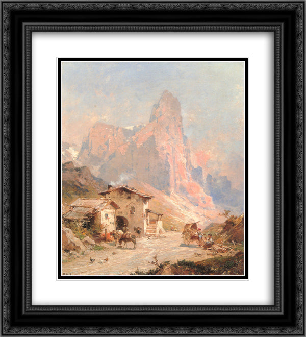 Figures in a Village in the Dolomites 20x22 Black Ornate Wood Framed Art Print Poster with Double Matting by Unterberger, Franz Richard