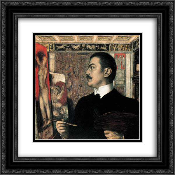 Self-portrait in studio 20x20 Black Ornate Wood Framed Art Print Poster with Double Matting by Stuck, Franz