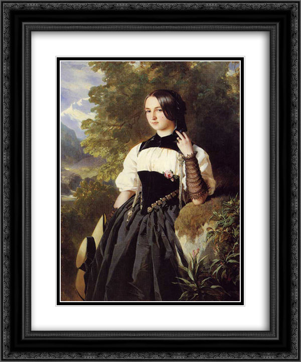 A Swiss Girl from Interlaken 20x24 Black Ornate Wood Framed Art Print Poster with Double Matting by Winterhalter, Franz Xaver