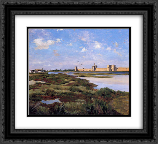 Landscape of Aigues-Mortes 22x20 Black Ornate Wood Framed Art Print Poster with Double Matting by Bazille, Frederic