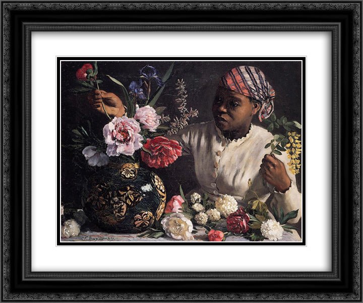 Negress with Peonies 24x20 Black Ornate Wood Framed Art Print Poster with Double Matting by Bazille, Frederic