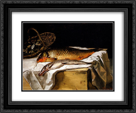 Still Life with Fish 24x20 Black Ornate Wood Framed Art Print Poster with Double Matting by Bazille, Frederic