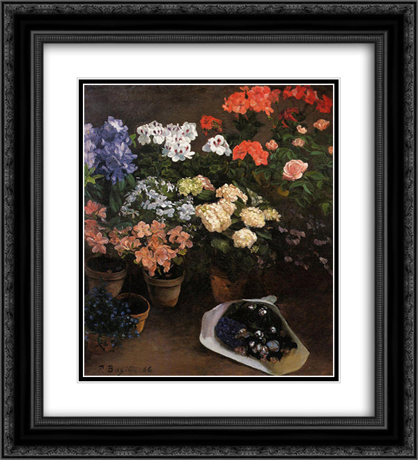 Study of Flowers 20x22 Black Ornate Wood Framed Art Print Poster with Double Matting by Bazille, Frederic