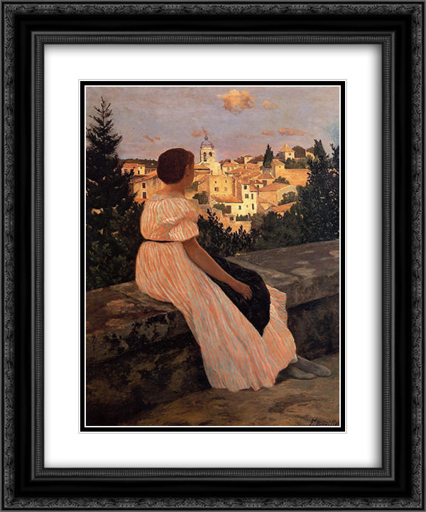 The Pink Dress 20x24 Black Ornate Wood Framed Art Print Poster with Double Matting by Bazille, Frederic