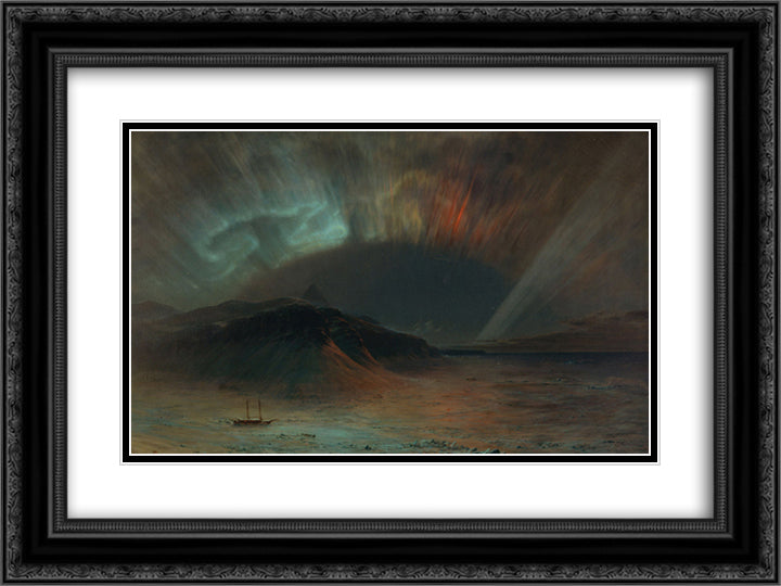 Aurora Borealis 24x18 Black Ornate Wood Framed Art Print Poster with Double Matting by Church, Frederic Edwin