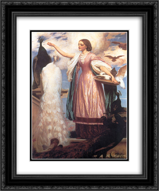 A Girl Feeding Peacocks 20x24 Black Ornate Wood Framed Art Print Poster with Double Matting by Leighton, Frederic