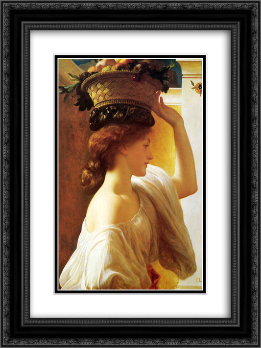 A Girl with a Basket of Fruit 18x24 Black Ornate Wood Framed Art Print Poster with Double Matting by Leighton, Frederic