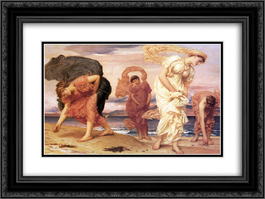 Greek Girls Picking up Pebbles 24x18 Black Ornate Wood Framed Art Print Poster with Double Matting by Leighton, Frederic