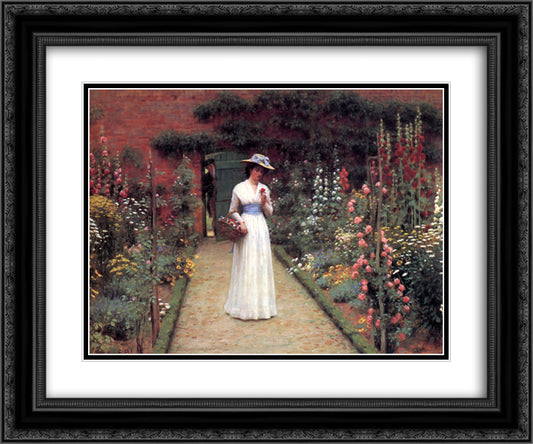 Lady in a Garden 24x20 Black Ornate Wood Framed Art Print Poster with Double Matting by Leighton, Frederic