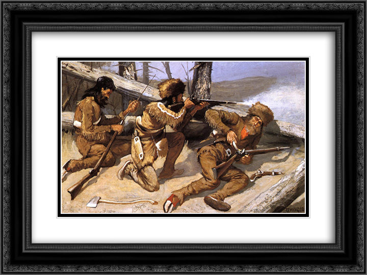 A Brush with the Redskins 24x18 Black Ornate Wood Framed Art Print Poster with Double Matting by Remington, Frederic