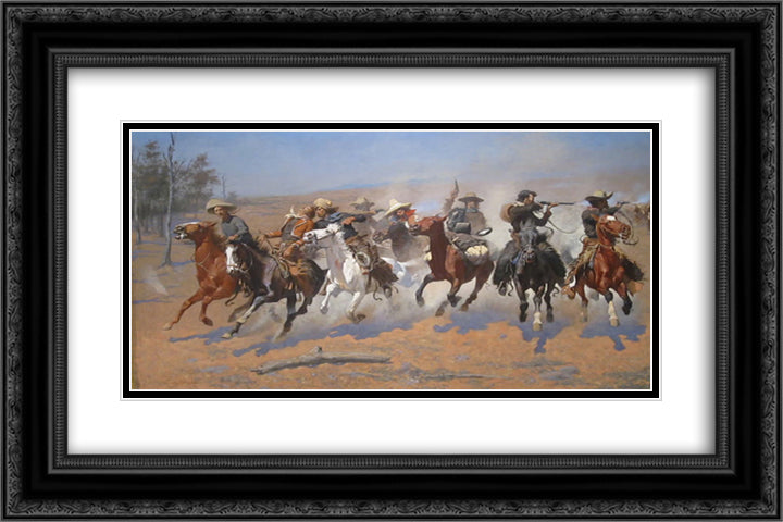 A Dash for the Timber 24x16 Black Ornate Wood Framed Art Print Poster with Double Matting by Remington, Frederic