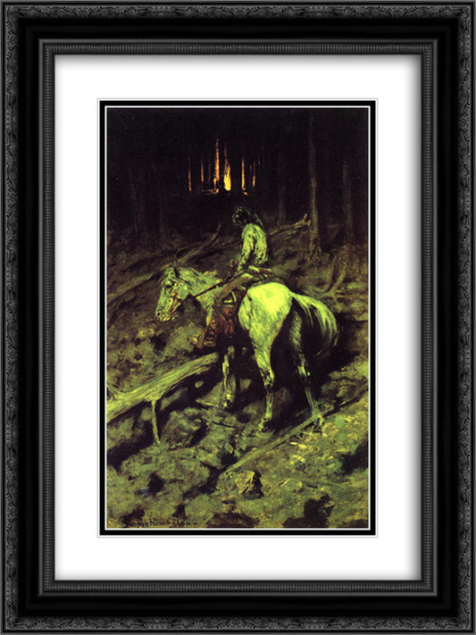 Apache Fire Signal 18x24 Black Ornate Wood Framed Art Print Poster with Double Matting by Remington, Frederic