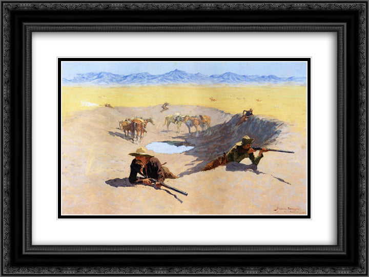 Fight for the Water Hole 24x18 Black Ornate Wood Framed Art Print Poster with Double Matting by Remington, Frederic