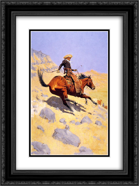 The Cowboy 18x24 Black Ornate Wood Framed Art Print Poster with Double Matting by Remington, Frederic