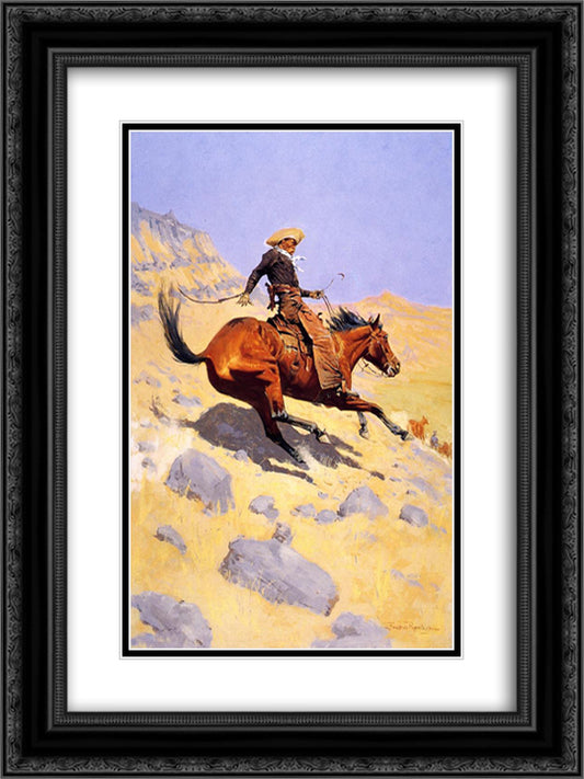 The Cowboy 18x24 Black Ornate Wood Framed Art Print Poster with Double Matting by Remington, Frederic