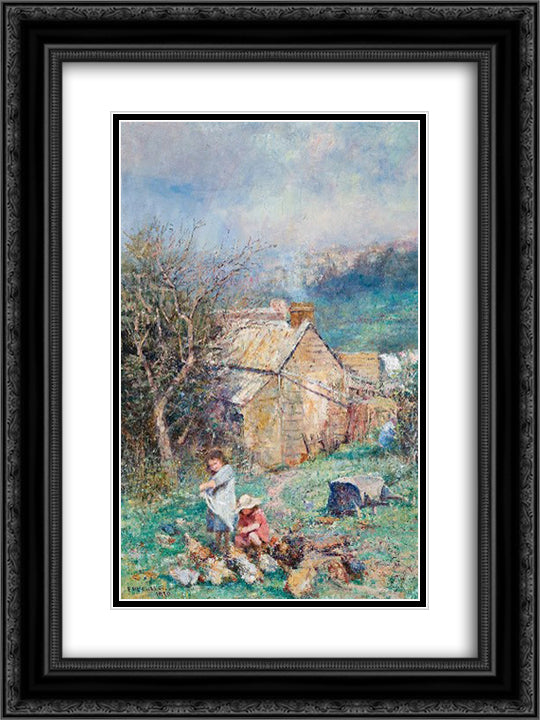 The cottage children (Rain and sunshine) 18x24 Black Ornate Wood Framed Art Print Poster with Double Matting by McCubbin, Frederick