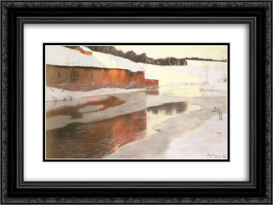 A Factory Building near an Icy River in Winter 24x18 Black Ornate Wood Framed Art Print Poster with Double Matting by Thaulow, Frits