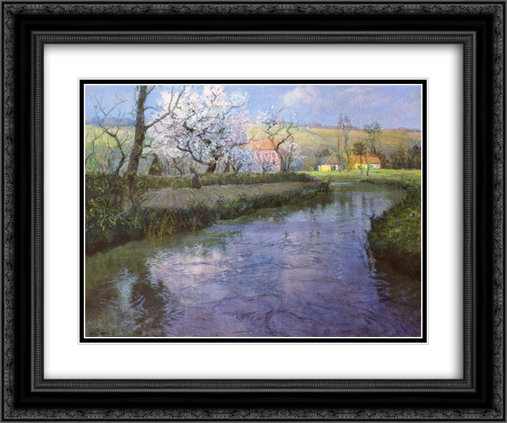 A French River Landscape 24x20 Black Ornate Wood Framed Art Print Poster with Double Matting by Thaulow, Frits