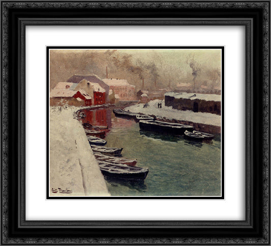 A Snowy Harbor View 22x20 Black Ornate Wood Framed Art Print Poster with Double Matting by Thaulow, Frits