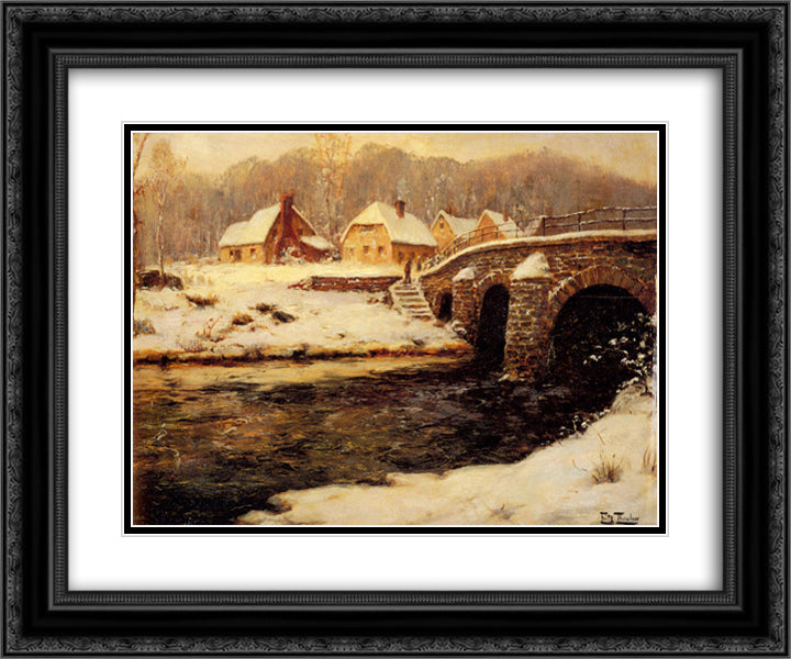 A Stone Bridge Over a Stream in Winter 24x20 Black Ornate Wood Framed Art Print Poster with Double Matting by Thaulow, Frits