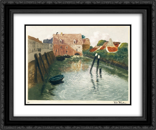 Channel with Watermill 24x20 Black Ornate Wood Framed Art Print Poster with Double Matting by Thaulow, Frits