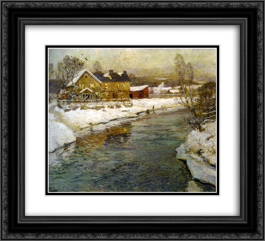 Cottage by a Canal in the Snow 22x20 Black Ornate Wood Framed Art Print Poster with Double Matting by Thaulow, Frits