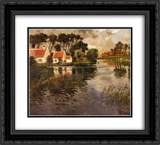 Cottages by a River 22x20 Black Ornate Wood Framed Art Print Poster with Double Matting by Thaulow, Frits