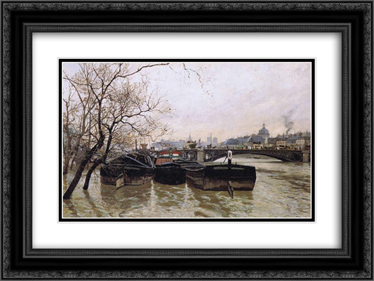 Flooding by the Seine 24x18 Black Ornate Wood Framed Art Print Poster with Double Matting by Thaulow, Frits