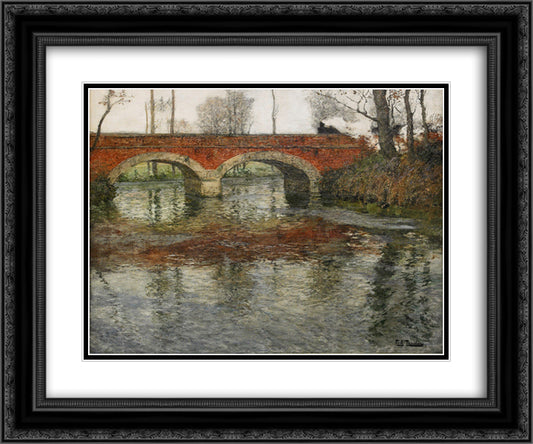 French River Landscape with a Stone Bridge 24x20 Black Ornate Wood Framed Art Print Poster with Double Matting by Thaulow, Frits