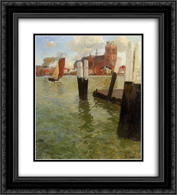 The Pier, Dordrecht 20x22 Black Ornate Wood Framed Art Print Poster with Double Matting by Thaulow, Frits