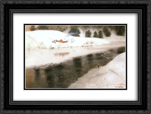 Winter at Simoa River 24x18 Black Ornate Wood Framed Art Print Poster with Double Matting by Thaulow, Frits