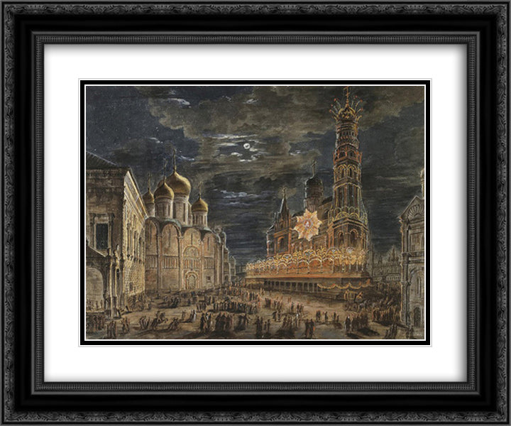 Illumination at Soboronaya Square on the occasion of the coronation of Alexander I 24x20 Black Ornate Wood Framed Art Print Poster with Double Matting by Alekseyev, Fyodor