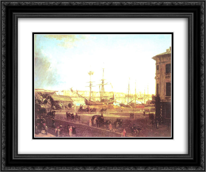 View of the English Embankmant from Visilievsky Island in St. Petersburg 24x20 Black Ornate Wood Framed Art Print Poster with Double Matting by Alekseyev, Fyodor