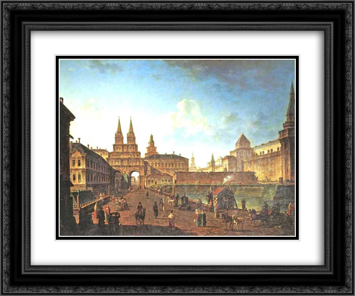 View of the Voskresensky and Nikolsky Gates and the Neglinny Bridge from Tverskay Street in Moscow 24x20 Black Ornate Wood Framed Art Print Poster with Double Matting by Alekseyev, Fyodor