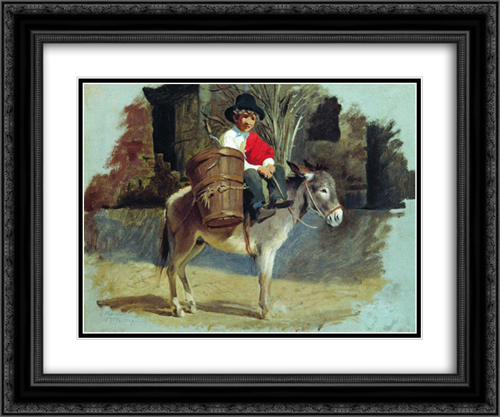 A boy on a donkey 24x20 Black Ornate Wood Framed Art Print Poster with Double Matting by Bronnikov, Fyodor