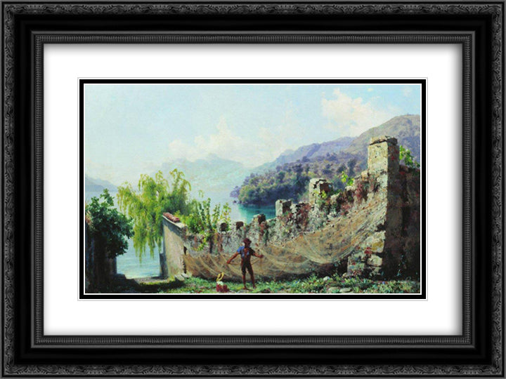 A fisherman hunging fishing nets 24x18 Black Ornate Wood Framed Art Print Poster with Double Matting by Bronnikov, Fyodor