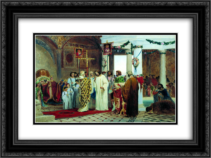 Baptism of Prince Vladimir 24x18 Black Ornate Wood Framed Art Print Poster with Double Matting by Bronnikov, Fyodor
