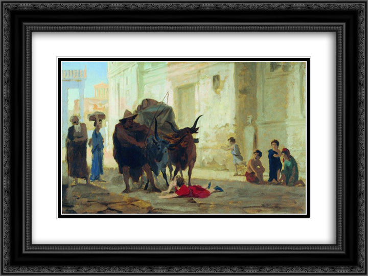 Children on the streets of Pompeii 24x18 Black Ornate Wood Framed Art Print Poster with Double Matting by Bronnikov, Fyodor