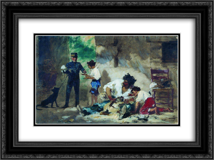 Dog Grooming in children portraits, 24x18 Black Ornate Wood Framed Art Print Poster with Double Matting by Bronnikov, Fyodor