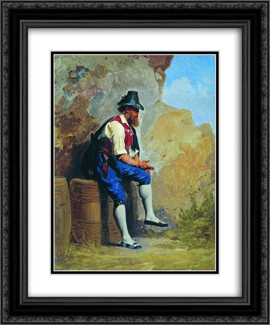 Italian peasant on the barrel 20x24 Black Ornate Wood Framed Art Print Poster with Double Matting by Bronnikov, Fyodor