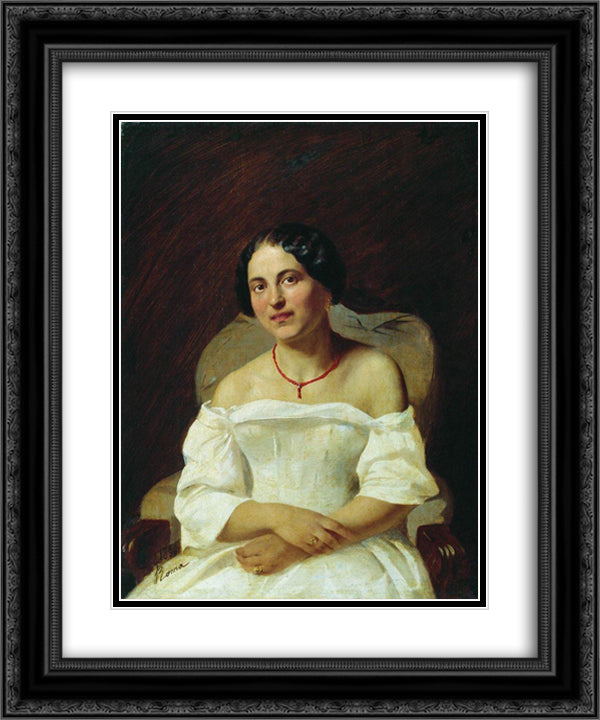 Portrait of a Woman in White 20x24 Black Ornate Wood Framed Art Print Poster with Double Matting by Bronnikov, Fyodor