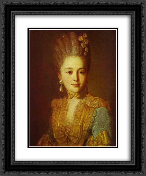 Portrait of an Unknown Woman in a Blue Dress with Yellow Trimmings 20x24 Black Ornate Wood Framed Art Print Poster with Double Matting by Rokotov, Fyodor