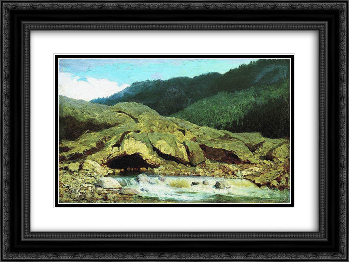 Landscape with a Rock and Stream 24x18 Black Ornate Wood Framed Art Print Poster with Double Matting by Vasilyev, Fyodor
