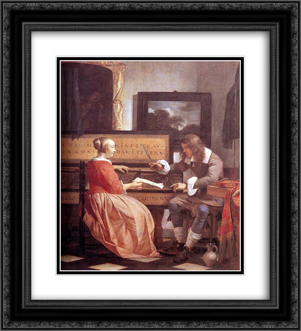 A Man and a Woman Seated by a Virginal 20x22 Black Ornate Wood Framed Art Print Poster with Double Matting by Metsu, Gabriel