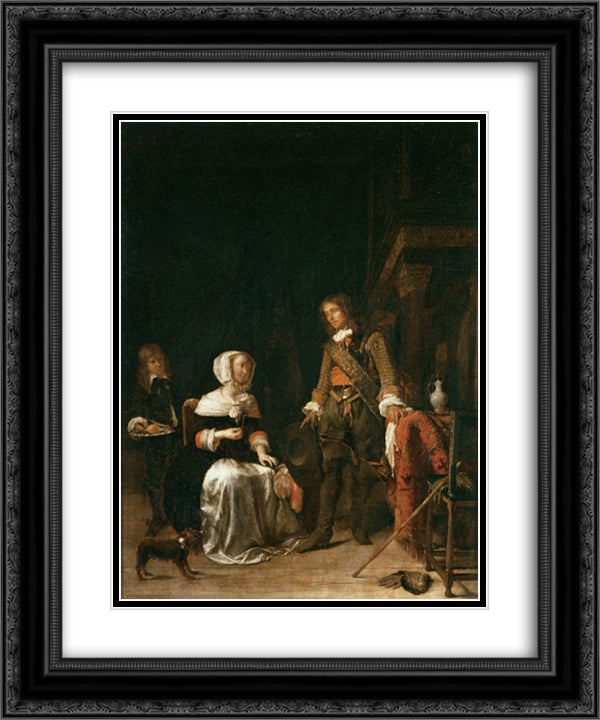 A Soldier Visiting a Young Lady 20x24 Black Ornate Wood Framed Art Print Poster with Double Matting by Metsu, Gabriel